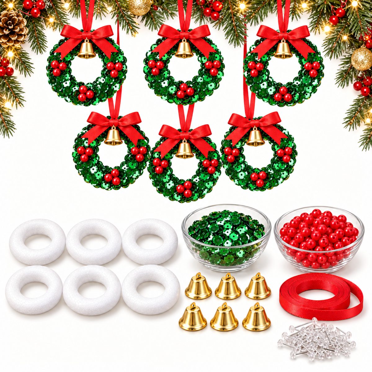 TEMU 6pcs Multicolor Craft & Decoration Kit Suitable For Christmas Tree Ornaments, Wreaths, Wedding, Party Decorations With Foam Circles, Bells, Red