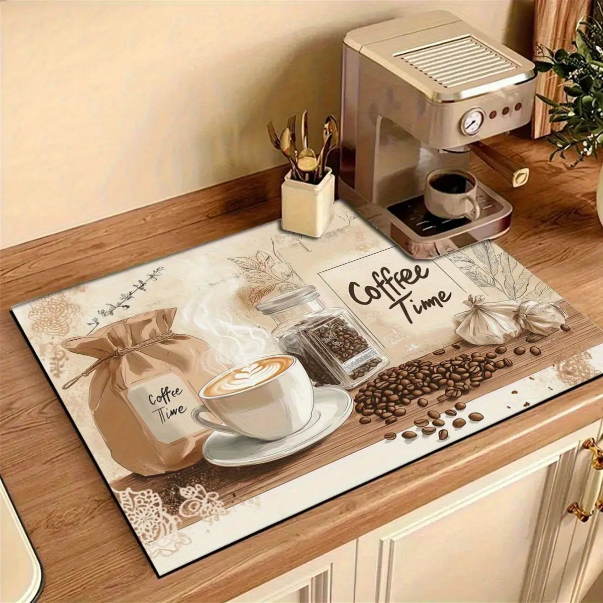 TEMU 1pc Table Coffee Theme Kitchen Counter Mat Absorbent Non-slip Polyester Protector Pad For Espresso Machine And Coffee Station, Decorated With