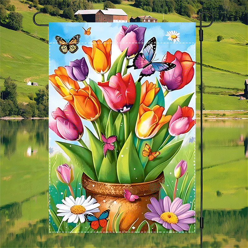 

Tulips & Butterflies Flag - Double-sided, Waterproof Burlap, Outdoor Decor, Seasonal Celebrations, And Parties, 12x18 Inches