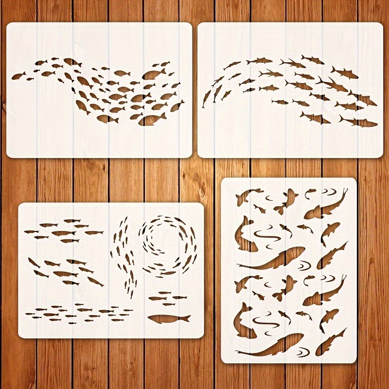 E-shop 4er-Set Wiederverwendbare Fisch- und Meereslebensschablonen im A4-Format, Geeignet für Kunst, Stoff, Leinwand, Holzwände - für Basteln,