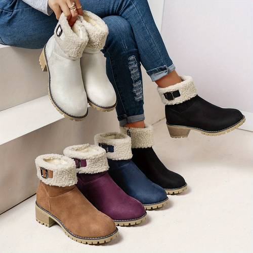 item picture chunky and classic womens ankle boots comfortable and elegant womens shoes warm khaki black and beige winter womens boots solid colored lined boots heightened and non slip lightweight shoes with cute round toe soft furry collar