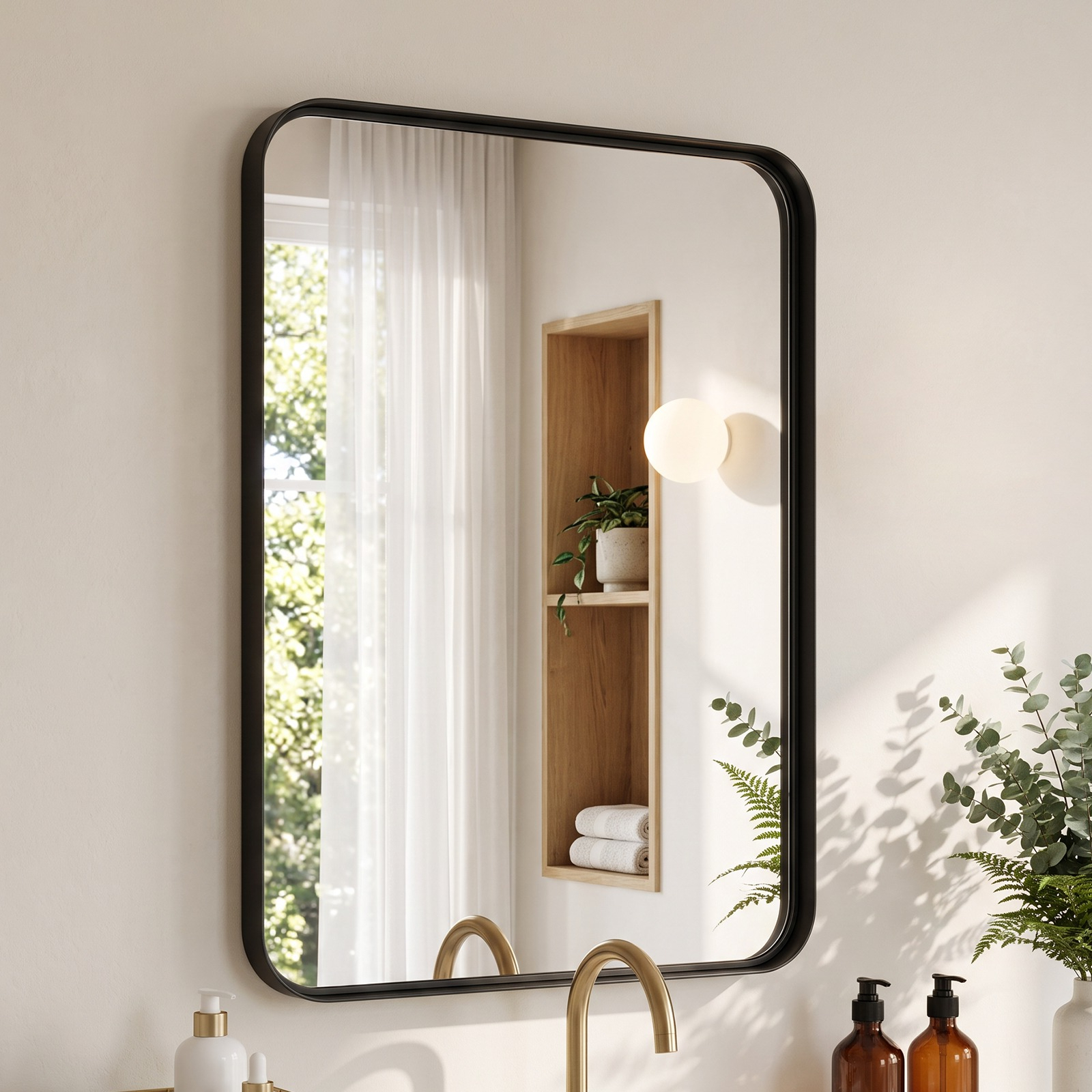 Image of Wall-mounted Bathroom Vanity Mirror, Rounded Rectangle Matte Brushed Metal Framed Mirror For Over Sink, Anti-rust Tempered Glass, Hangs Horizontally Or For Bathroom Restroom