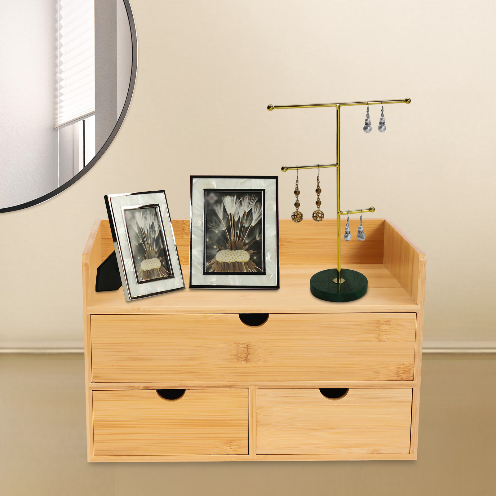 Image of Natural Bamboo Desk Organizer - No Assembly Needed, Office & Home Storage With 3 Drawers, Compact Organizer For Desk, Bathroom, Bedroom - Sturdy Bamboo Construction, Toiletry Holder