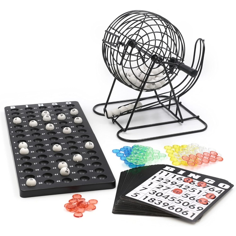 Bingo Game Set With Rotating Drum 75 Bingo Balls 2 Storage Plates 18 Cards 150 Game Chips, Party