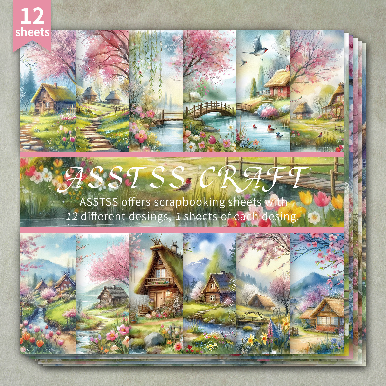 TEMU Bloc de papier de scrapbooking ASSTSS 12 feuilles 6x6 pouces, fournitures de papier de support style aquarelle apaisante printanière, carton