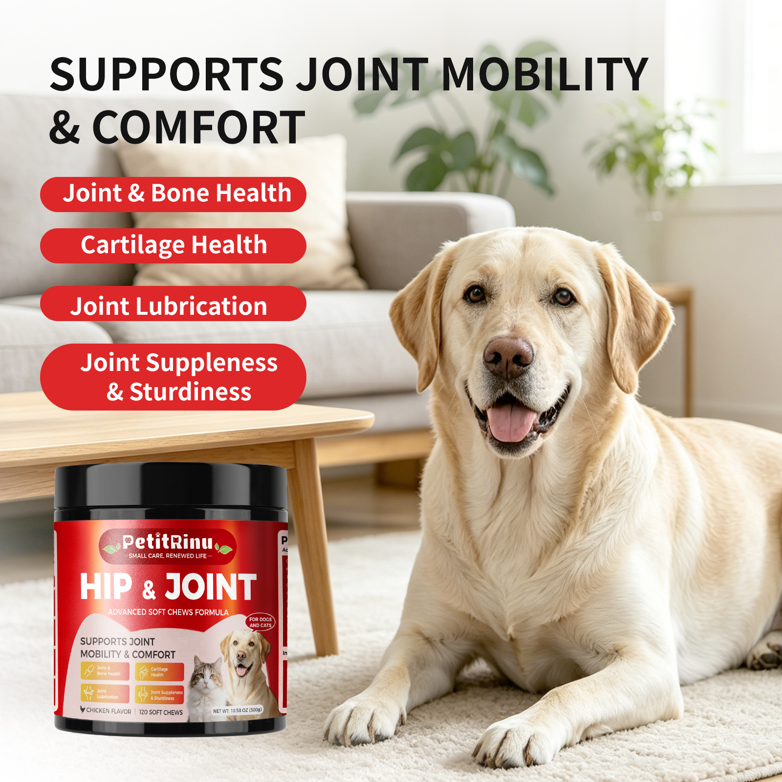 PETITRINU Joint Supplement for Dogs and Cats - Advanced Soft Chews with Glucosamine & Chondroitin - Supports Mobility, Flexibility & Cartilage Health - Chicken Flavor, 120 Count