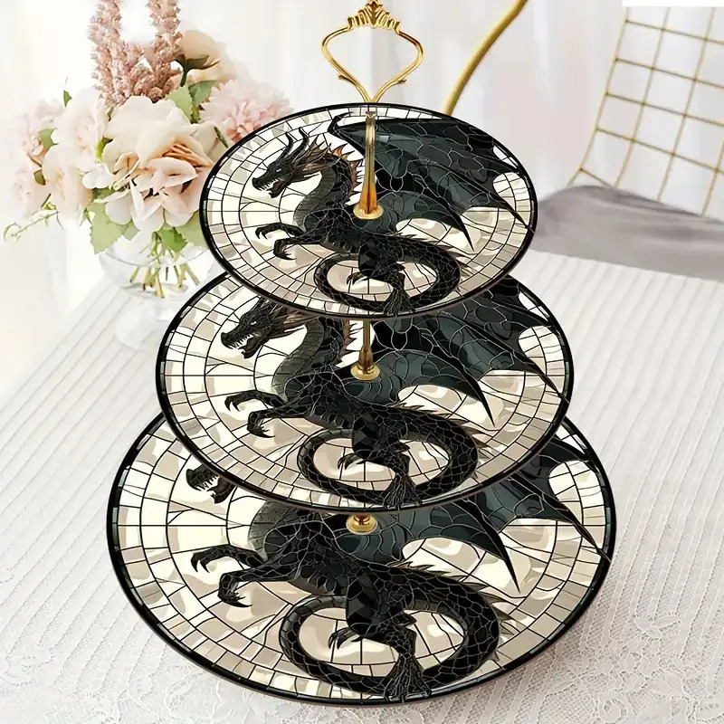 TEMU 1pc 3-layer Wooden Dragon-pattern Exquisite Display Tray And Storage Rack, Suitable For Festivals And Celebrations Like Weddings, Birthdays,