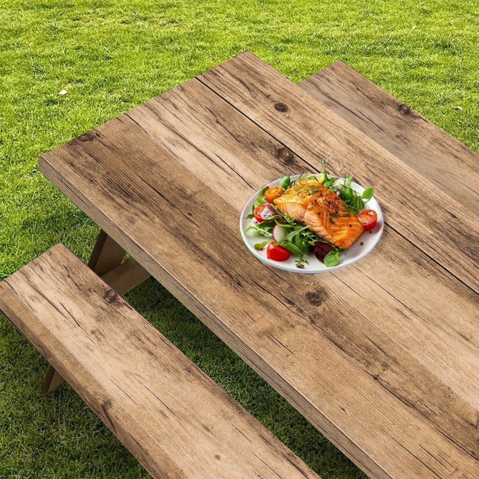 TEMU 1pc Table Cover   2pcs Stool Covers 3pcs Light Brown Wood Tablecloth Set - Elastic Edges Rectangular Suitable For Camping, Picnic, Patio,