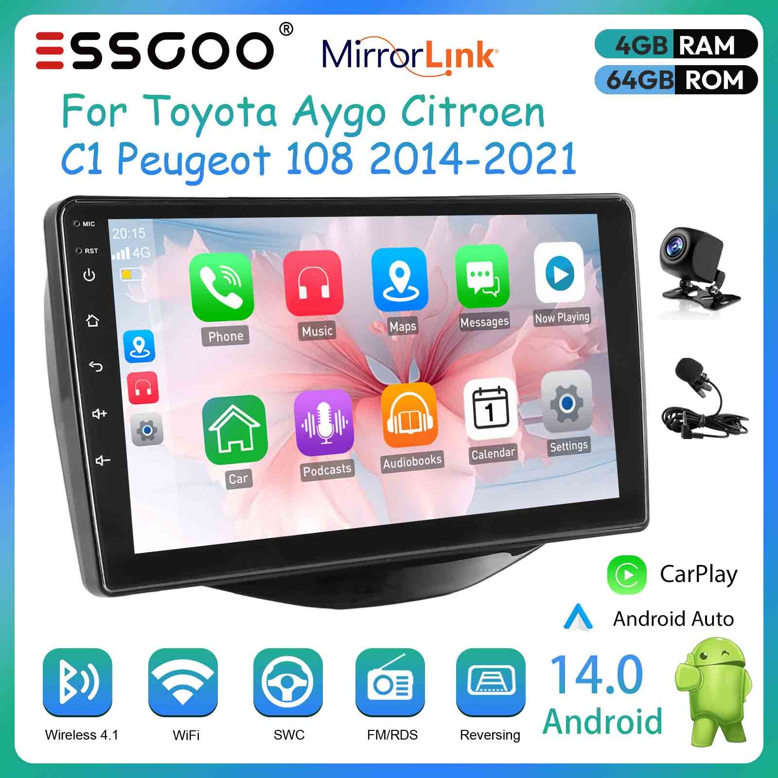 Essgoo For 14 Car Stereo For Aygo/ C1/ For (2014-2021) | 9-inch 2din Touchscreen | 4gb 64gb Rom | & For Auto | Wifi Navigation, Fm/rds, | Ahd Camera & Mic Included Gift