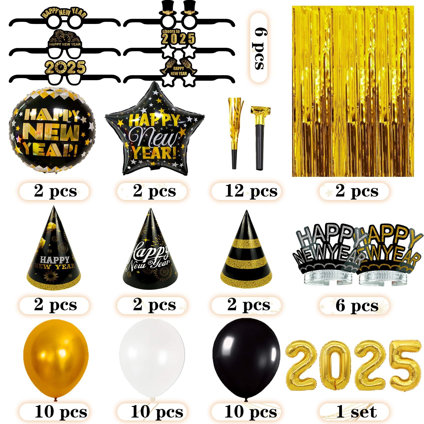 

70pcs Happy New Years Decorations 2025, New Years Eve Party Supplies Photo Booth Props Backdrops Black Golden, 2025 Foil Balloons Headband Tiaras/ Hats/ Glasses/