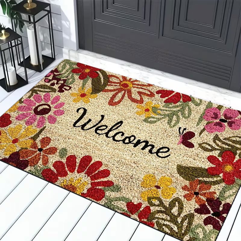 TEMU 1pc Door Welcome Carpet, Colorful Floral And Pattern Carpet, Vintage Indoor Door Mat, Flannel Material, Non-slip, Soft, Comfortable And Easy To