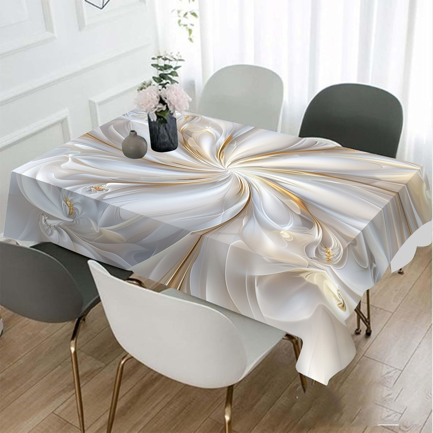 

1pc Elegant White And Golden Floral Polyester Tablecloth, 100% Polyester Square Woven Machine Made, Dust-proof Rectangular Table Cover For Home, Living Room, Dining Table Decor