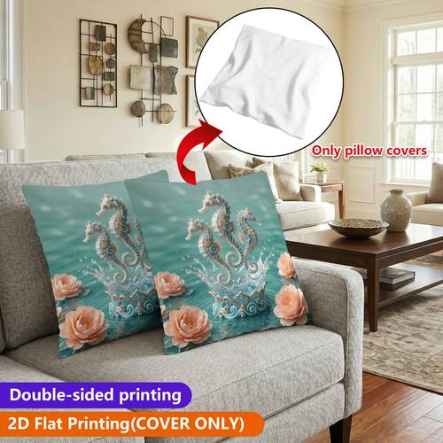 غطاء وسادة بتصميم حصان البحر وزهور ، قطعتان، للعطلات، مصنوع من ألياف تركيبية، بتصميم ، طباعة على الوجهين (حشوة الوسادة غير متضمنة)