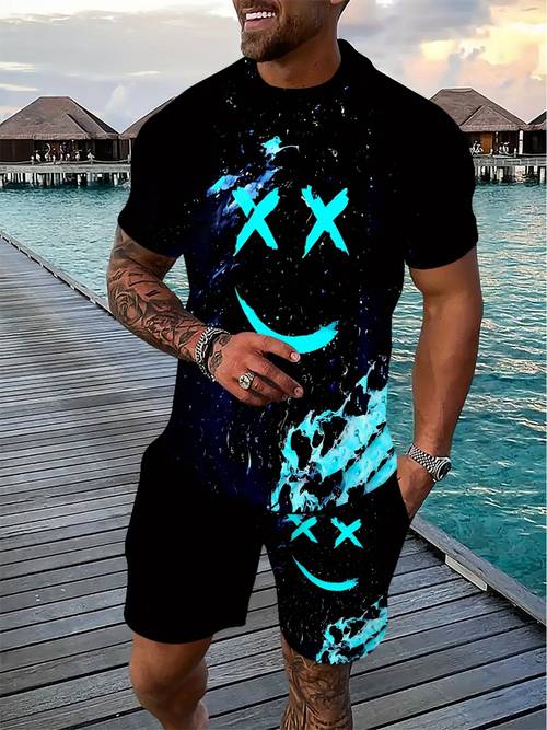 heren 2-delige zomerse casual outfit set - korte mouwen crewneck t-shirt & trekkoord shorts met zakken, levendige digitale print, snel drogend polyester, perfect voor strand of zwembad