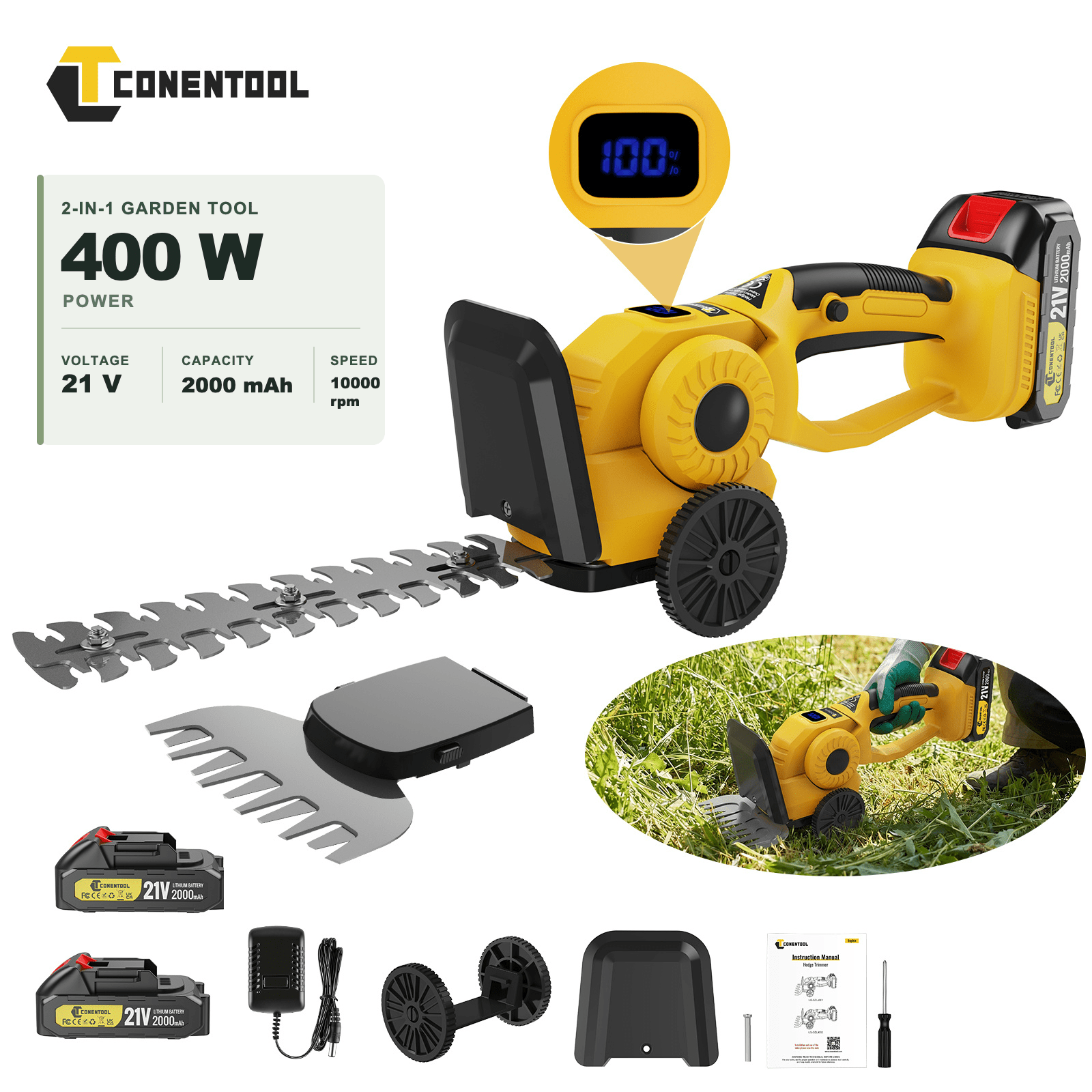 Image of 1 Tool For Lawns, Shrubs, And Garden Art - Conentool Rotating Cordless Trimmer, 2000mah Long , Lightweight Grip, Real-time Battery Display, Versatile For Outdoor And Indoor Use