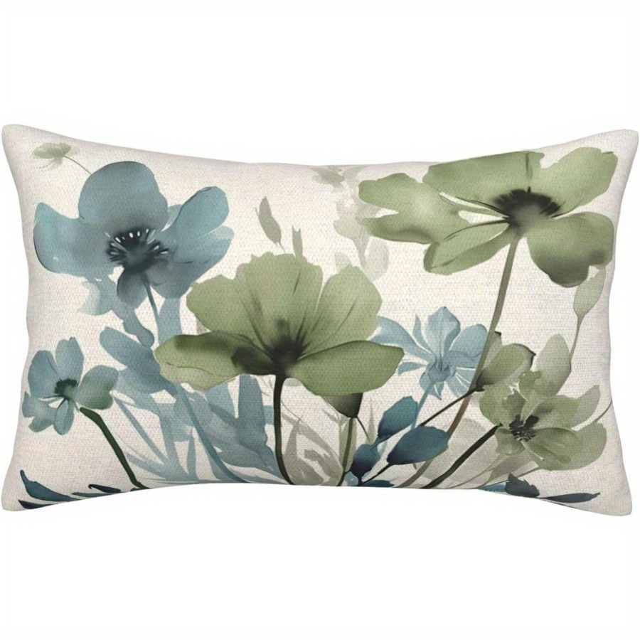 TEMU 2pcs Sage Green & Blue Floral Throw Pillow Covers, 12x20 Inches - Vintage Style Polyester Lumbar Cushion Covers With Zipper Closure, Machine