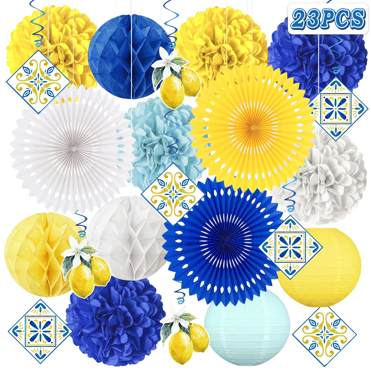 Image of 23pcs Mediterranean Ball Set - Mediterranean Lemon Party Decoration Set - Includes Blue, Yellow, Light Blue Paper Lanterns, Honeycomb Balls, Tulle Balls, Fans I Perfect For Halloween