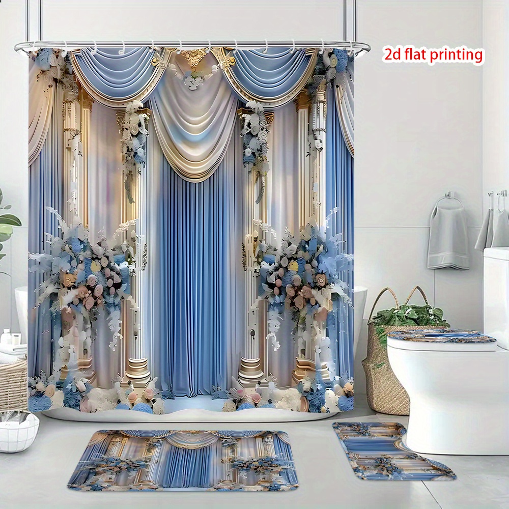 TEMU Set Of 4 Beautiful Vintage Shower Curtains With Hooks, Decorative Bathroom Ensemble Including A Barrier Shower Curtain, Non-slip Floor Mat,