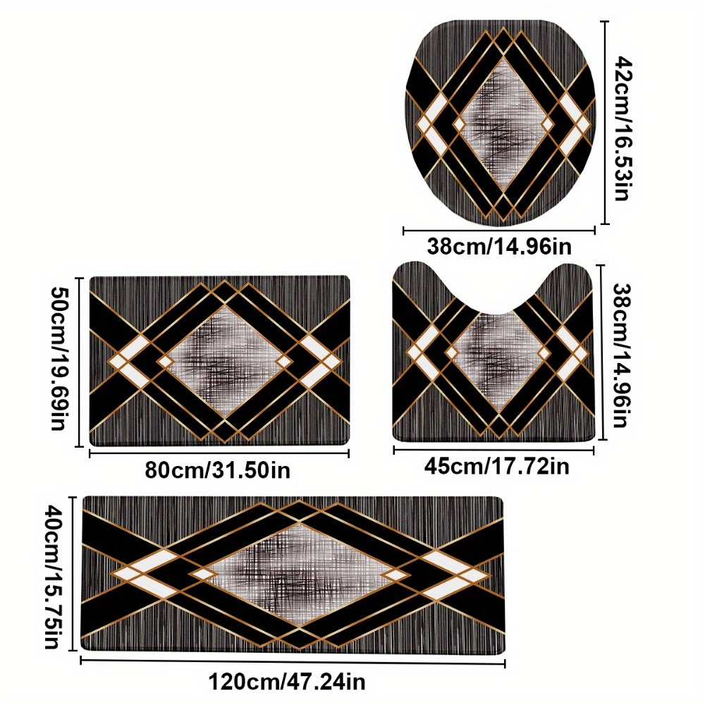 TEMU 4pcs/ Set Fashionable Black Rhombus Geometric Pattern Printed Bathroom Protective Mat Set, Non-slip Bathroom Mat, Flannel Bathroom Mat, Bathroom