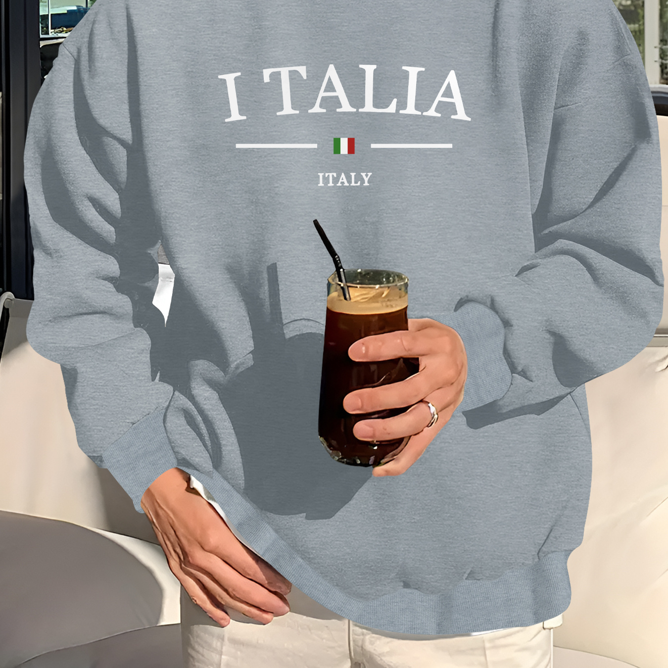 

Italia Neck Sweatshirt For Men, Casual Polyester Knit Fabric Long Sleeve Sport Sweater, Regular Fit, With Stretch, With Italian Element Graphic Design