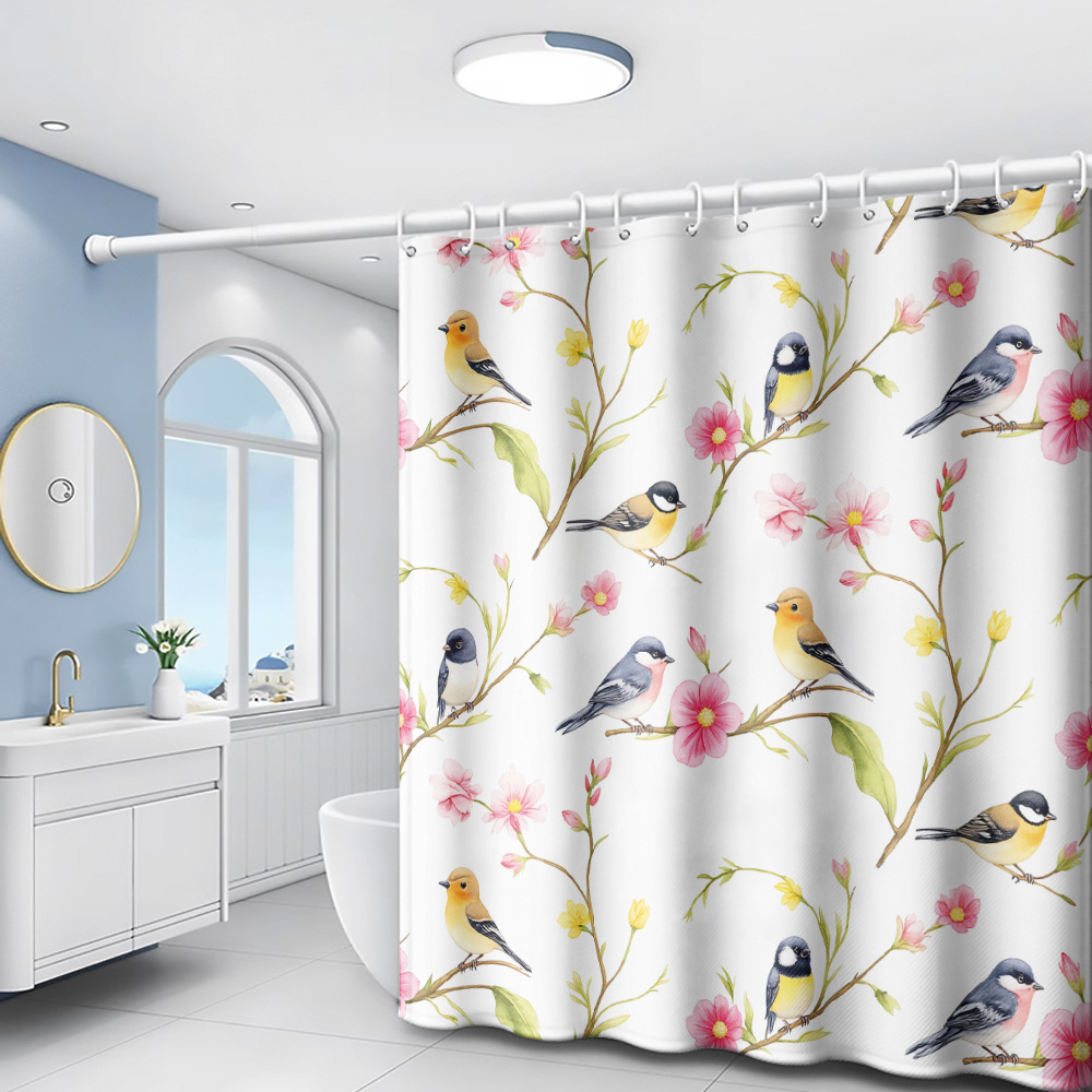 TEMU 1pc Of Watercolor Floral And Bird Spring Pastoral Style Shower Curtain, Featuring A Minimalist For Home Decor, Includes Plastic Hooks, Suitable