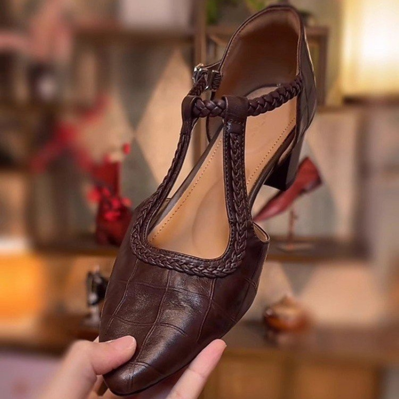 Image of Vintage Daily Embossed Woven Block Heel Sandals With Adjustable For Women, Women Shoes