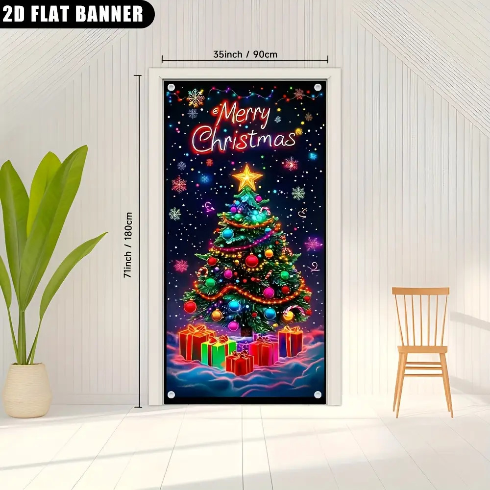 TEMU 2d Door Banner Warm And Festive Door Cover Featuring A Christmas Tree And Gifts - Made Of Polyester, No Batteries Needed - Ideal For Holiday And