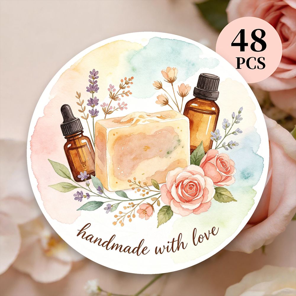 TEMU 48pcs Round "" Soap & Essential Oil Stickers, Watercolor Floral Labels, Self-adhesive Seals For , Skincare Products, , Small Business Gifts,