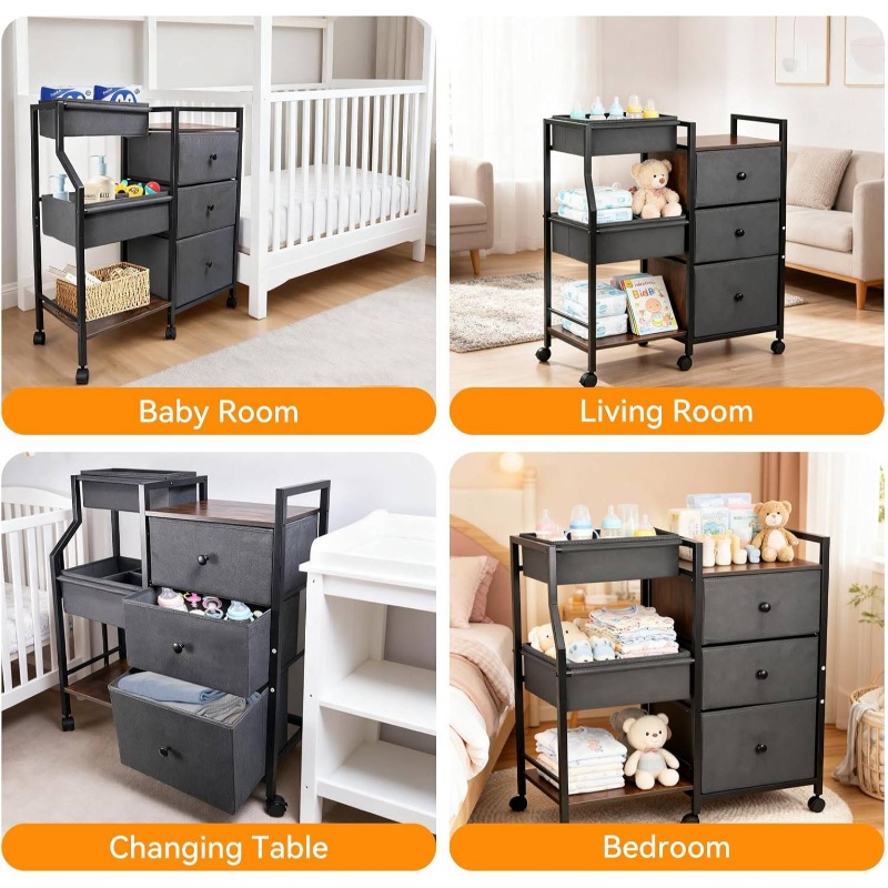 3 Tier Rolling Cart Diaper Caddy Organizer and Storage | with Drawers and Dividers, Essentials Cart for Nursery, Bedroom, Changing Table, Crib