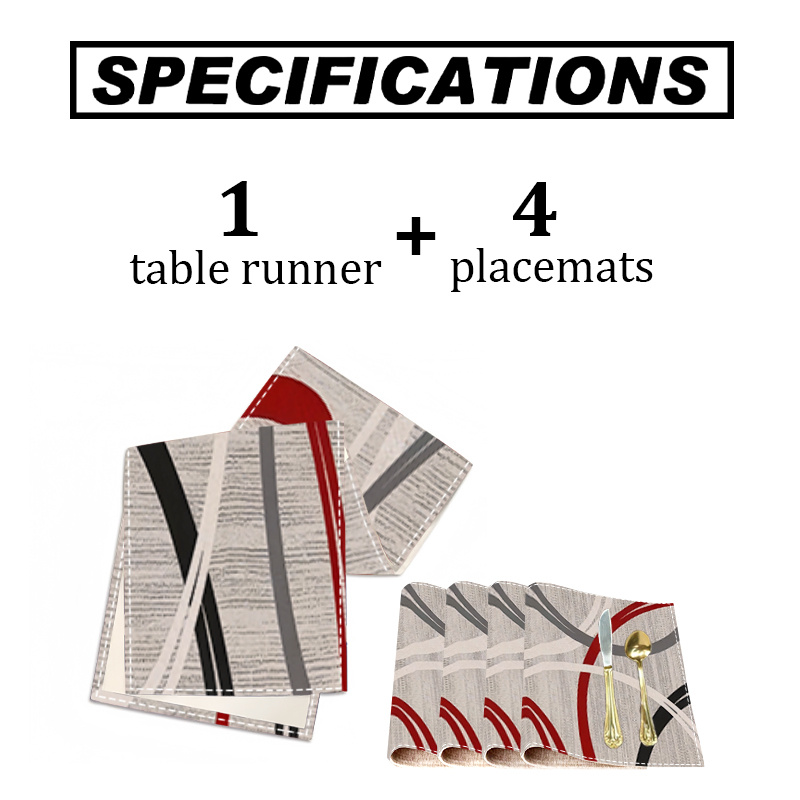 TEMU 5/7pcs, Modern Abstract Geometric Style Table Runner And Placemats, Black Red Arched Table Runner, Suitable For Home Kitchen Dining Table