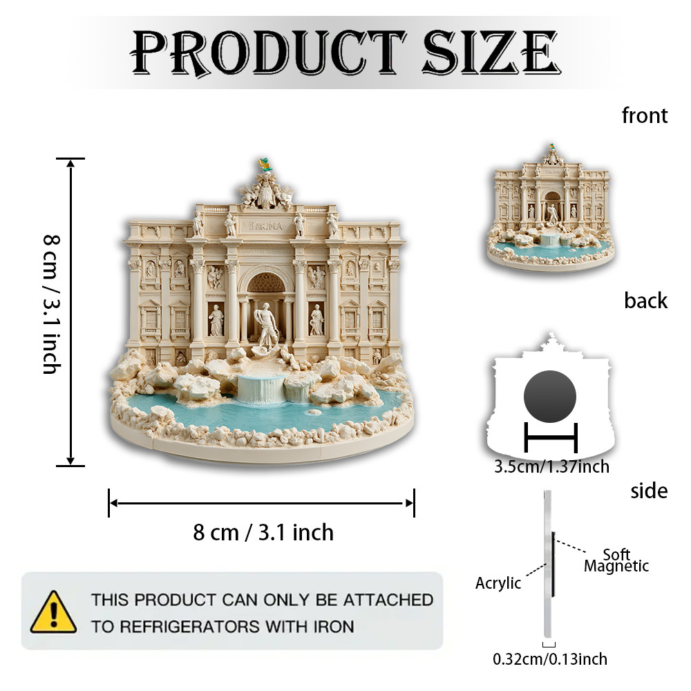 TEMU 1pc Trevi Fountain Roman Italy Miniature- Acrylic And Rubber Magnet, Featuring A Model Of A Historic Italian , With Iconic Sculptures And
