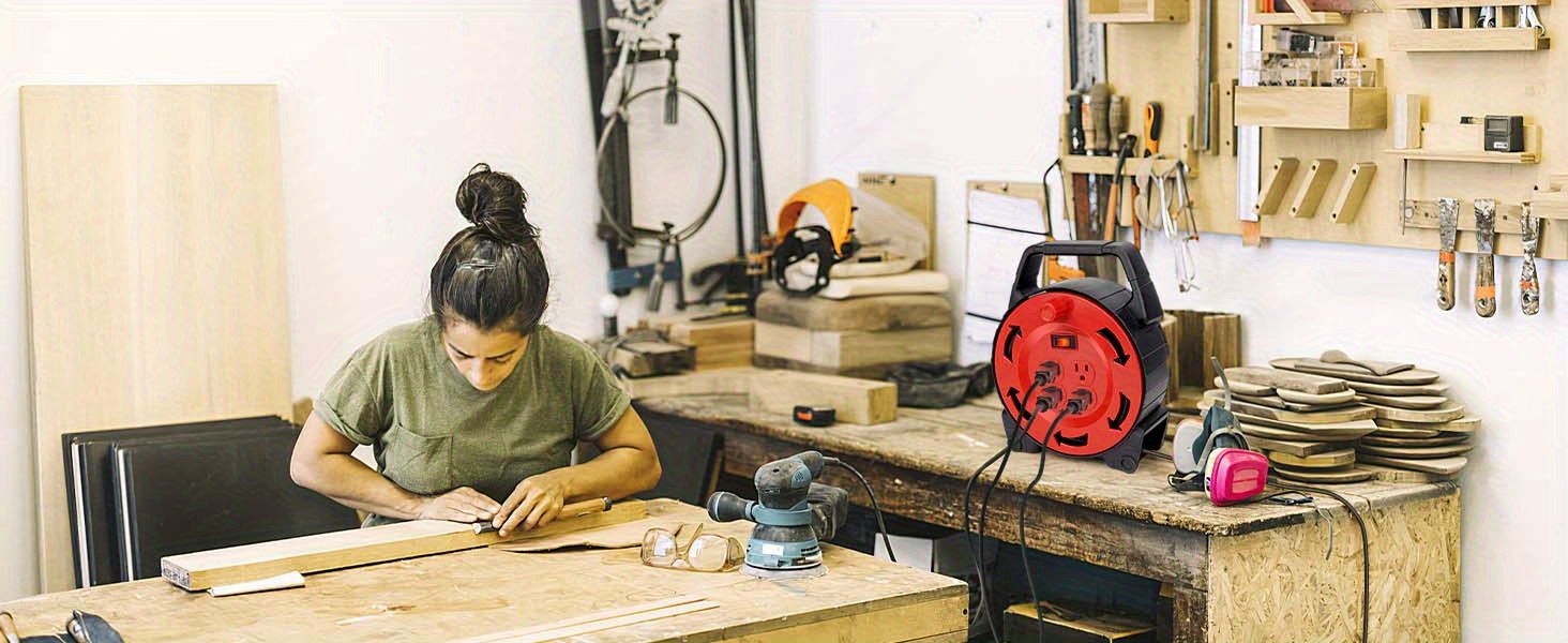 30-Foot 13A/125V Extension Cord Reel Featuring a 16/3C SJTW Black Cable, Equipped with 4 Outlets, a Circuit Breaker, a Power Switch, And an LED Indicator, Along with a Retractable Power Wheel