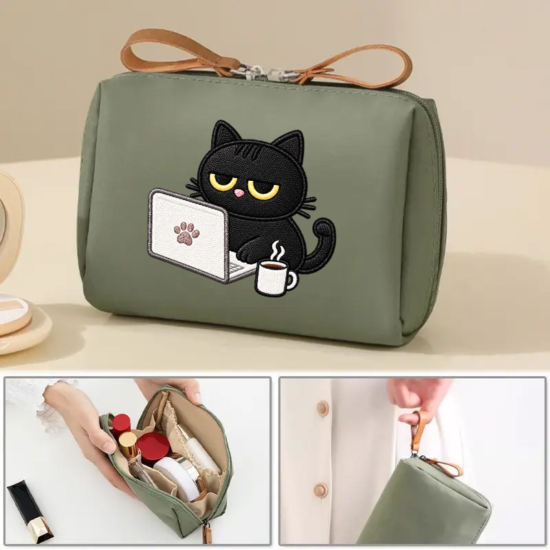 TEMU Women's Handbag Makeup Bag, Toiletry Bag, Storage Bag, Fun Imitation Embroidery Print Lazy Black Cat Office Pattern Bag, Little Black Cat With
