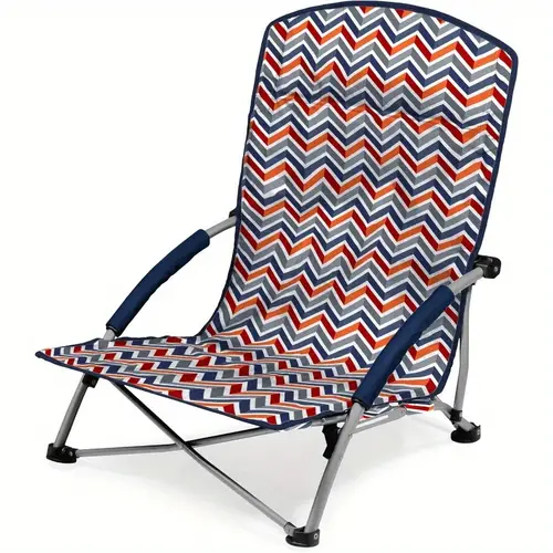 heavy duty beach chair with carry bag portable folding lounge chair wide seat 25x22 5in lightweight compact beach camping chair for pool patio blue red white accent colors beach chair foldable picnic furniture outdoor seating chevron powdercoated frame cushioned headrest poolside lounger durable construction pool lovers