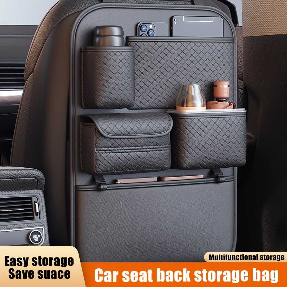 TEMU 1pc Black Leather Car Seat Back Storage Bag, Diamond Pattern, Multi-compartment Organizer For Water Bottle, Tablet, Notebook, Accessories, Universal Fit For Vehicle Back Seats