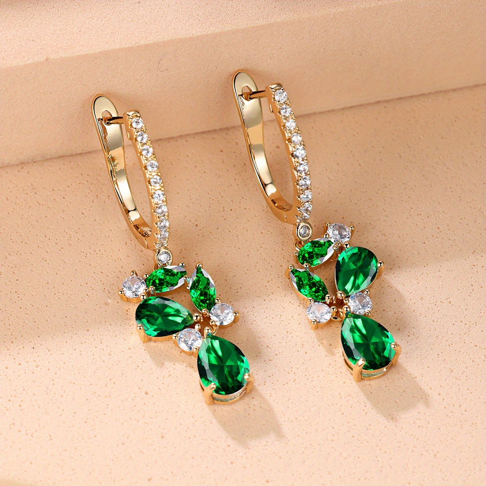 E-shop 1 Paar goldenfarbene, tröpfchenförmige, grüne Steine, Blatt- und Blumen-Ohrringe, Hochzeit, Valentinstag-Schmuck