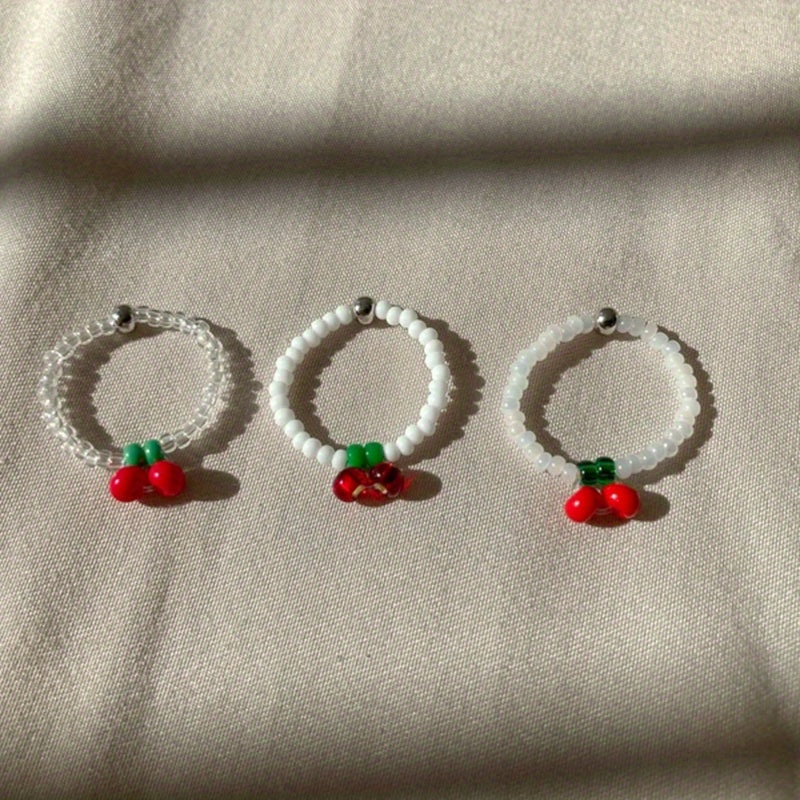 3pcs Women's Stackable Beaded Rings with Cherry and Pearl Vintage Glass