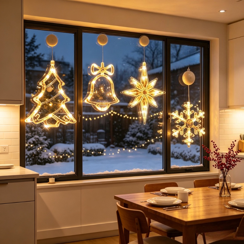TEMU 4pcs Christmas Suction Cup Led Decoration Set, Featuring , Snowflake, Christmas Tree, And Bell, Suitable For Placement Near Curtains, Glass