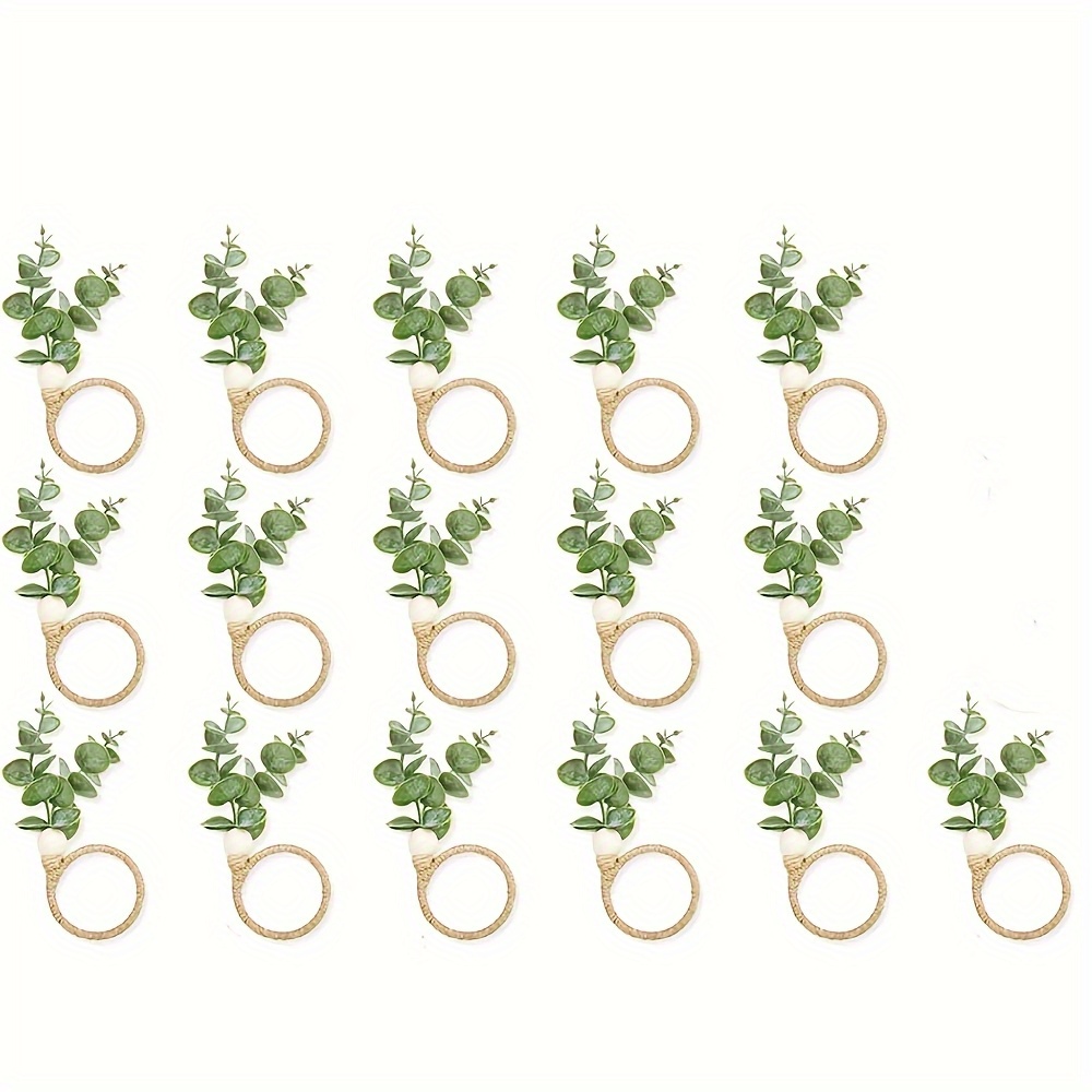 16pcs Bohemian Eucalyptus Leaf Napkin Rings - Plastic Rustic Wedding Party Decor With Realistic Leaf Design, Durable Table Centerpieces For Spring Summer Festivals, Indoor Outdoor Events