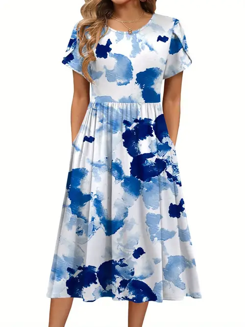 womens summer short sleeve a line midi dresses elegant floral t shirt dress flowy beach sundress with pockets