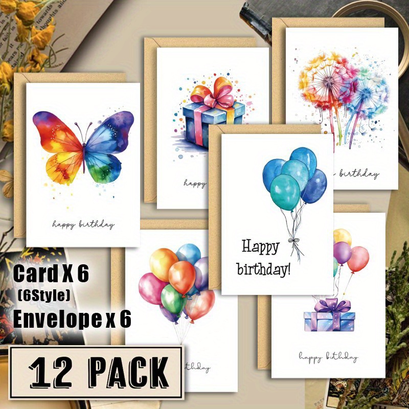 12pcs Colorful Rainbow Watercolor Happy Birthday Cards with Envelopes, Birthday Blank Notecards Bulk Set for Family Friends Colleague