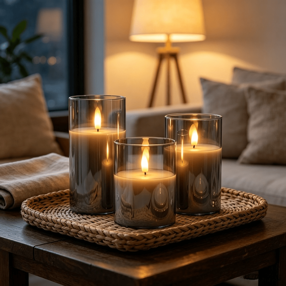 TEMU 3-delige Vlamloze LED Elektronische Kaars Licht Set, Premium Grijze Nepkaarsen, Werkt op Batterijen Zonder Batterij, Bruiloft Vraag Decoratie