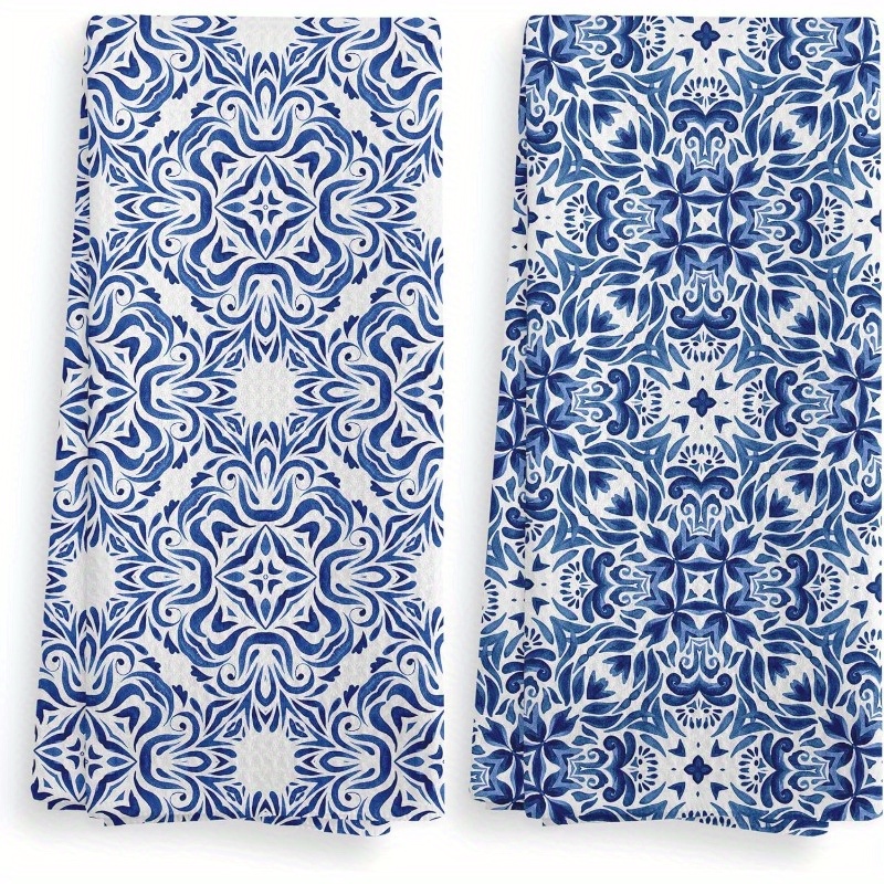 

Modern 2-pack 18x26 Inch Polyester Dish Towels - Super Oblong Kitchen Towels With Blue Floral Pattern, Machine Washable, Cartoon-themed Dish Cloths For Home Decor And Women's Gift