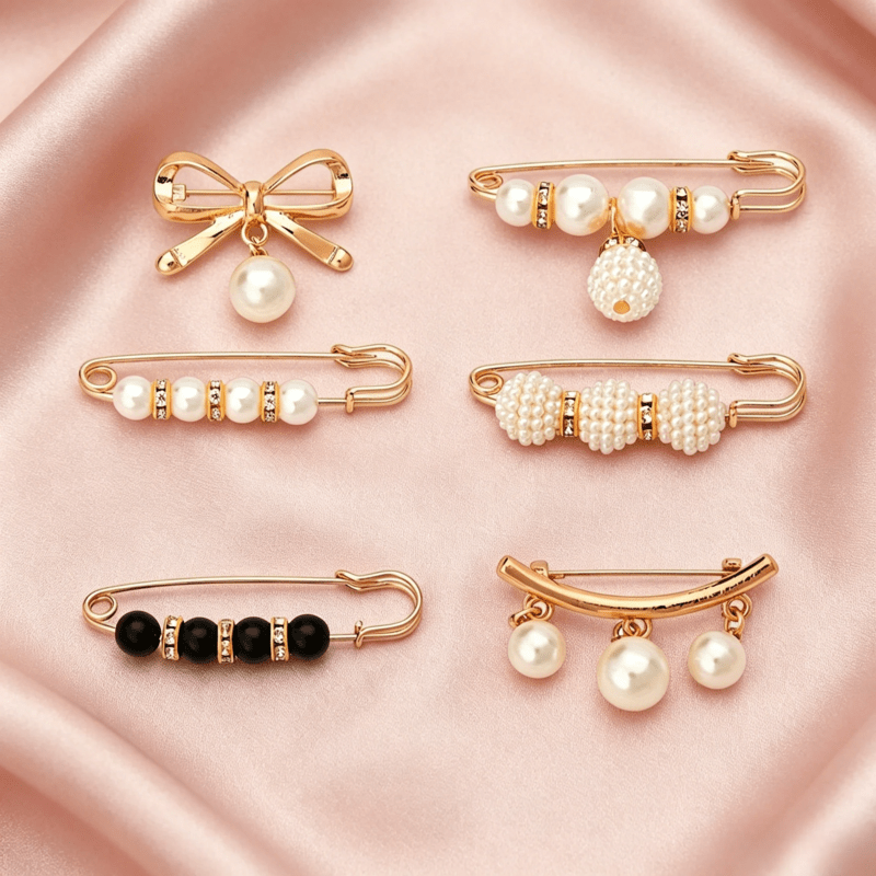 TEMU A Set Of 6 Elegant Brooches And Belt Adjusters For Women - Mixed-color Fashionable Safety Pins For Clothing Fastening And Size Adjustment