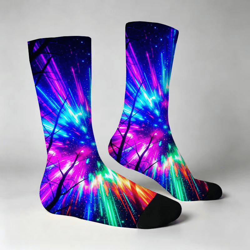 TEMU Vibrant Starry Sky, Psychedelic Neon Light Forest Socks, Comfortable Stretch Breathable Fashion Socks For Men And Women