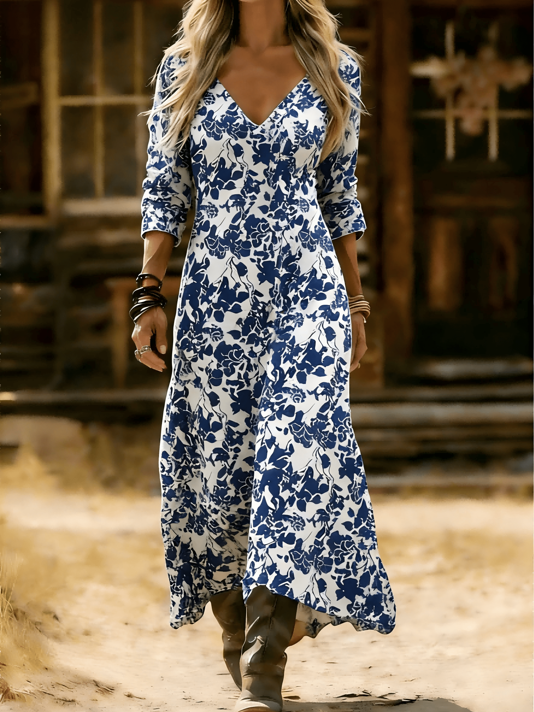 chinese dress ladies Provence Bloom Long Sleeve Maxi Dress Floral Blue