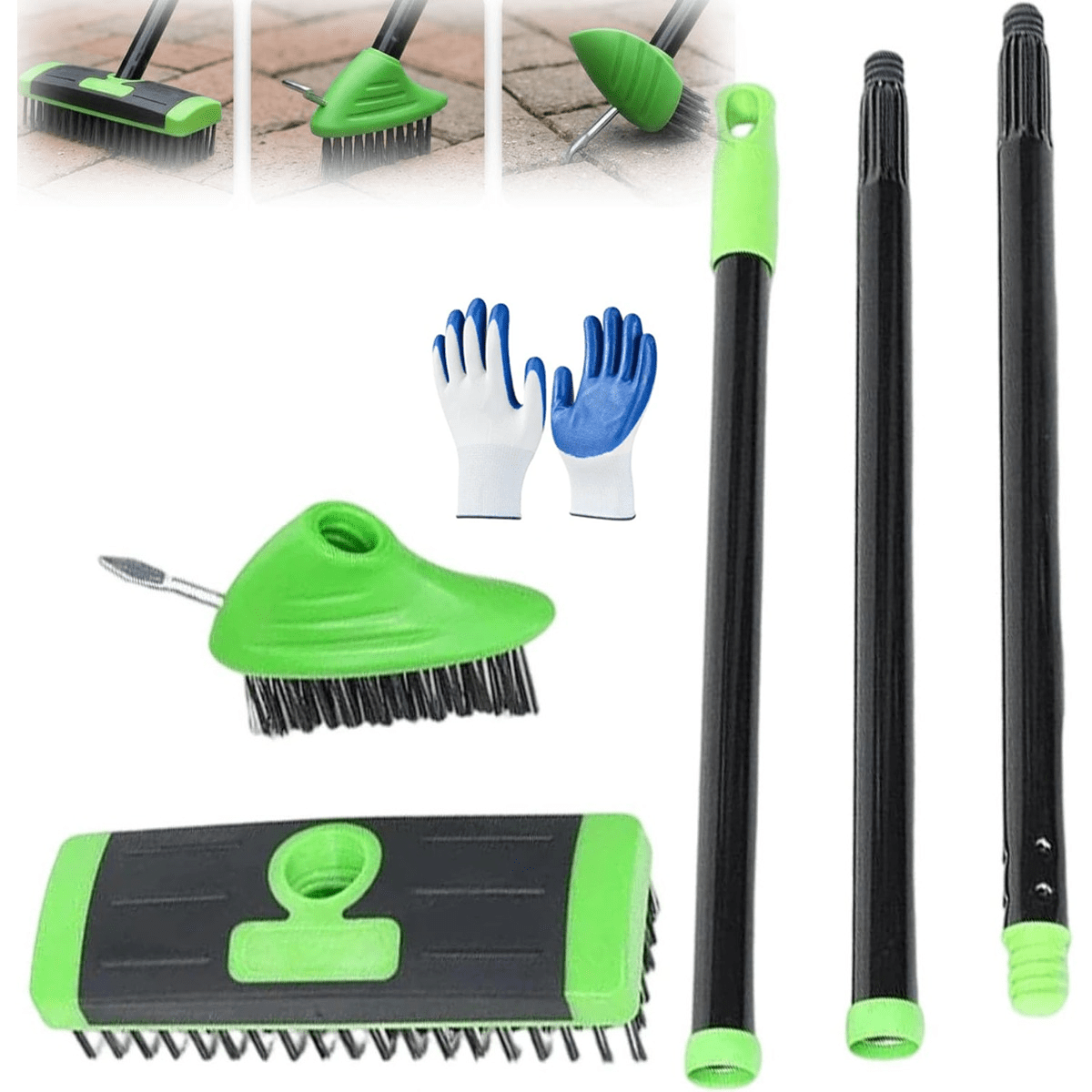 3 in 1 versatile brush combo set heavy duty steel wire floor brush with long extension handle patio driveway sidewalk and paving crack moss removal cleaner Product details 3