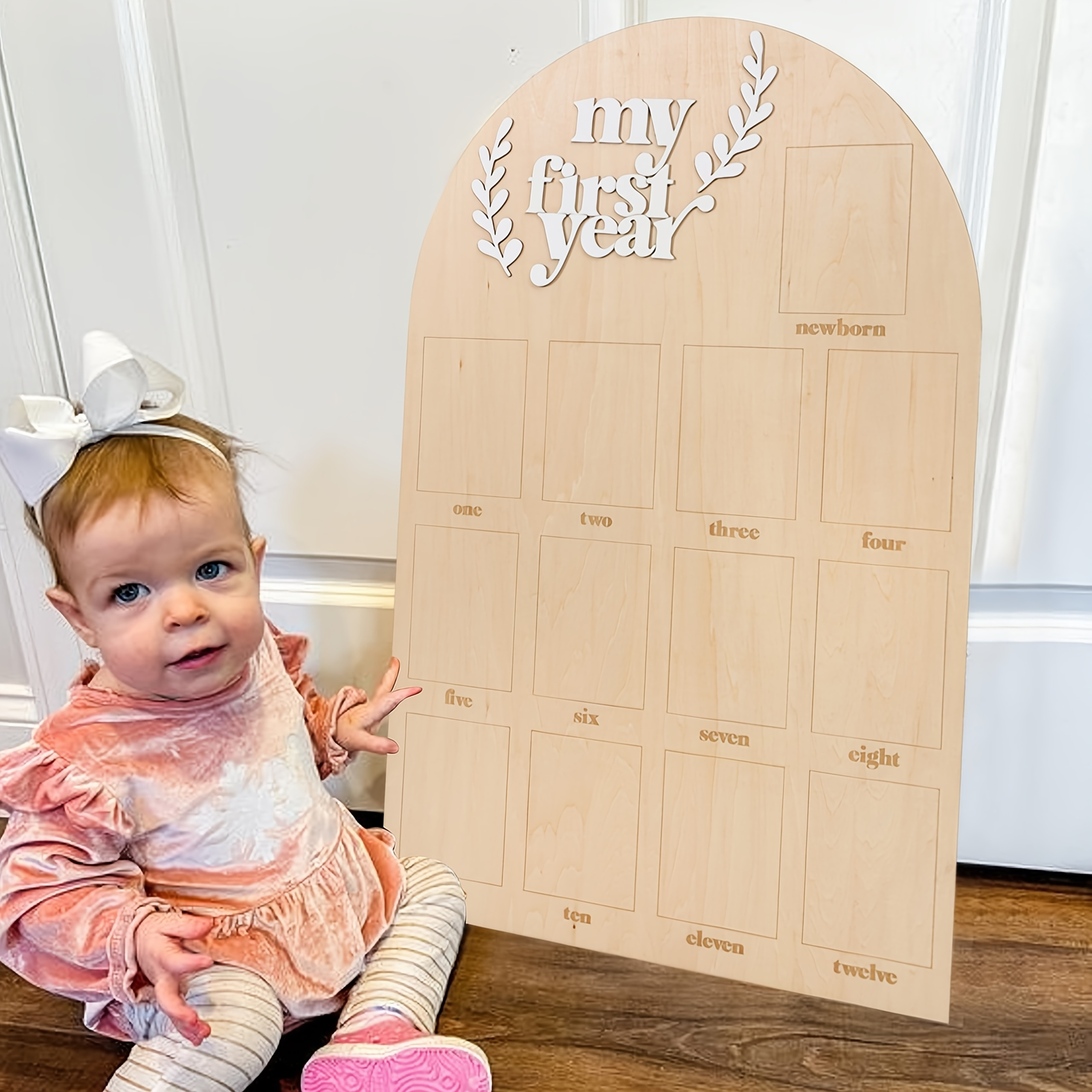 2D Flat, 1st Year Milestone Chart & Photo Frame - Wood   with Monthly/Weekly Age Markers, Name/Date Sections, Wall-Mountable to 12 Months Keepsake Gift for Decor & First Display, 2D Flat