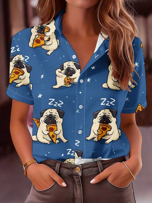 womens fashion button up shirt sleeping pugs with pizza pattern printed casual short sleeved shirt