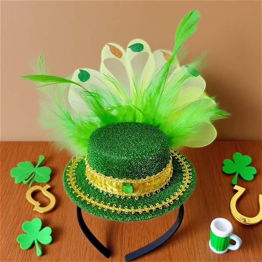 TEMU A Feathered Headband For Carnival New Year, An Irish Shamrock Hat, And A For Party Headband In Vibrant Purple, Yellow, And Green, Ideal For